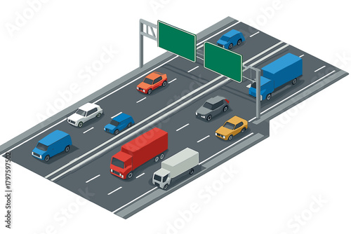 Heavy traffic congestion on a multi-lane highway with cars and commercial trucks