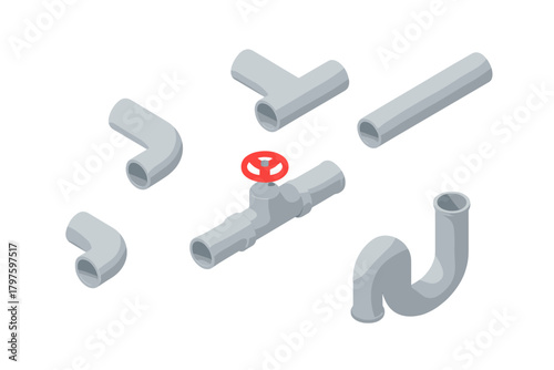 Isometric set of plastic plumbing pipes and fittings with a central red valve handle