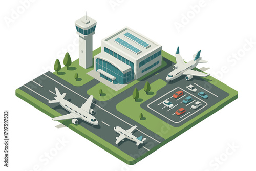 Modern airport terminal building and control tower with passenger airplanes on the runway and car parking area