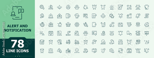 Alert And Notification line icon set. Thin linear style icons. Includes thin line symbols alert, caution, notification, siren, exclamation. Pictogram and infographic. Notification line icon set.