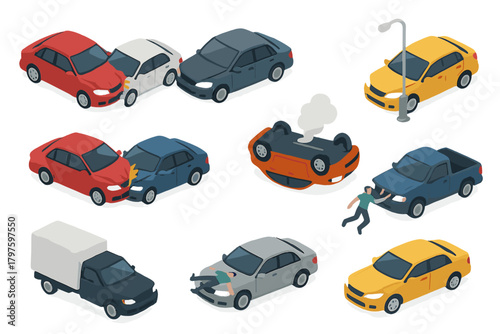 Isometric car crash scenes showing road accidents, vehicle damage, and traffic collisions