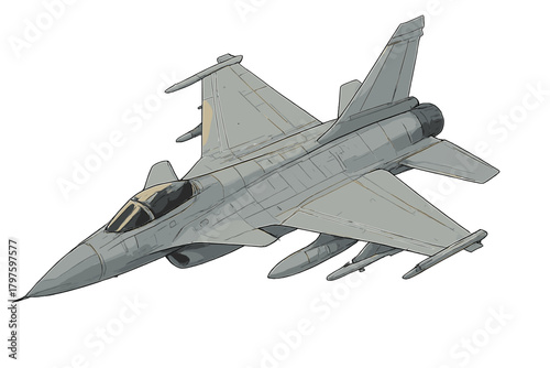 Sleek gray supersonic military fighter jet with armament on white background