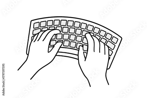 Black and white depiction of hands actively typing on a curved keyboard