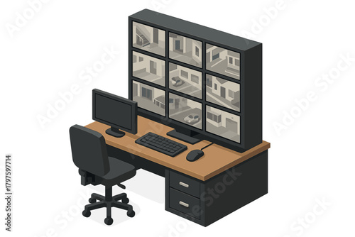 Isometric security control room desk with multiple surveillance monitors displaying CCTV grid