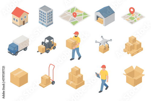 Isometric delivery and logistics icons with shipping containers, warehouse, truck, and courier