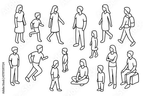 Diverse group of people performing various actions in minimalist isometric style