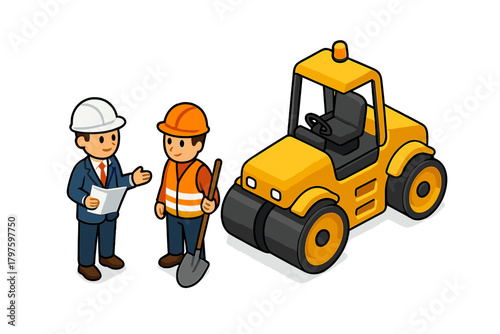 Construction engineer discusses plans with worker next to a heavy road roller machine