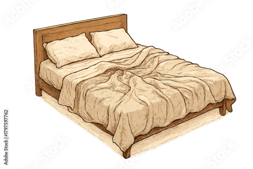 Cozy unmade wooden bed with wrinkled light brown bedding and soft pillows