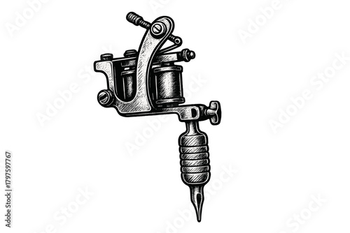 Vintage coil tattoo machine in detailed black and white engraving style