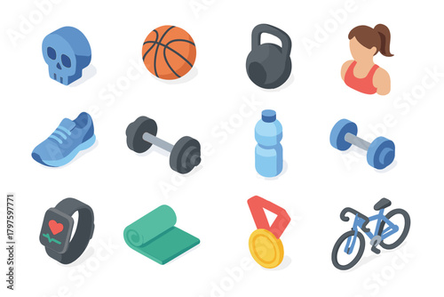 Isometric fitness and sports equipment including dumbbells, basketball, bicycle, and smart watch