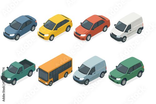Colorful isometric transportation vehicles set including cars, vans, pickup truck, and city bus