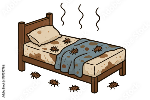 Severely neglected bed infested with bed bugs and foul odor rising from stained mattress