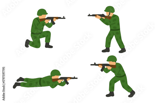Set of soldiers in green camouflage uniform aiming rifles in different combat positions
