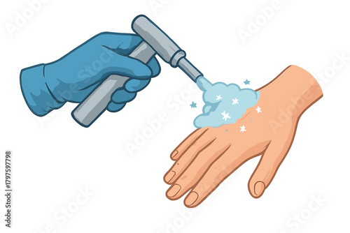 Applying antiseptic foam spray to bare hand from a gloved hand holding a nozzle