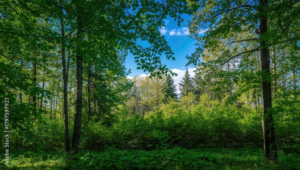 Fototapeta premium Summer forest scene with lush greenery, ideal for relaxation and nature appreciation