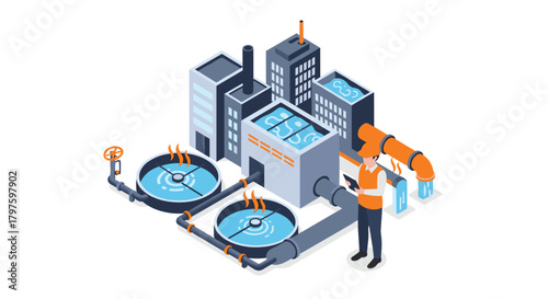Engineer inspecting water treatment facility for quality assurance in modern industrial plant, promoting environmental sustainability and clean water access