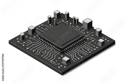 Isometric view of a dark microchip processor mounted on a circuit board with white traces