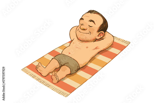 Happy adult man relaxing on a striped towel enjoying the summer sun