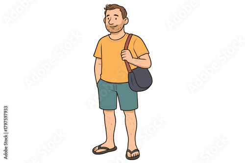 Young adult man wearing summer attire and flip flops carrying a messenger bag
