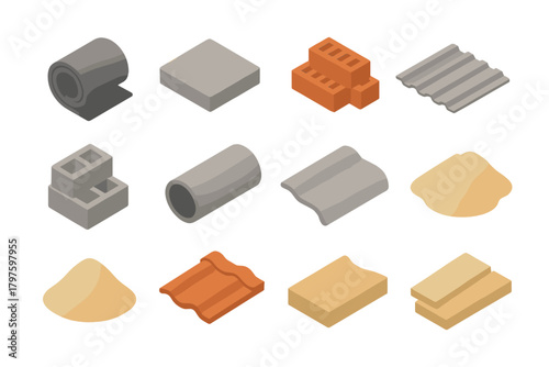 Isometric set of essential construction and building materials like wood, brick, concrete, sand, and metal