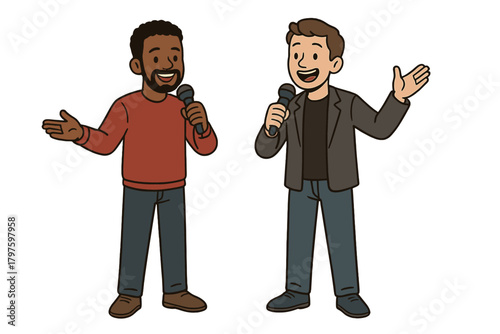 Diverse male duo holding microphones and gesturing while hosting a presentation or comedy event