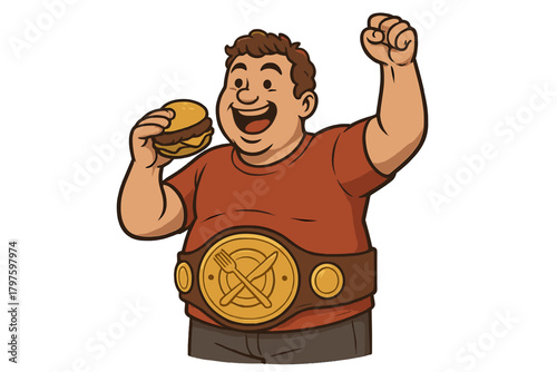 Competitive eater celebrating victory with hamburger and championship belt