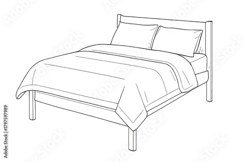Outline sketch of a double bed with pillows and bedding on a wooden frame