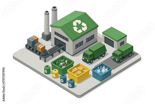 Isometric view of recycling facility showing waste sorting, processing, and transportation