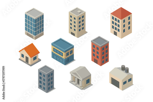 Set of isometric city buildings featuring residential, commercial, and industrial architecture