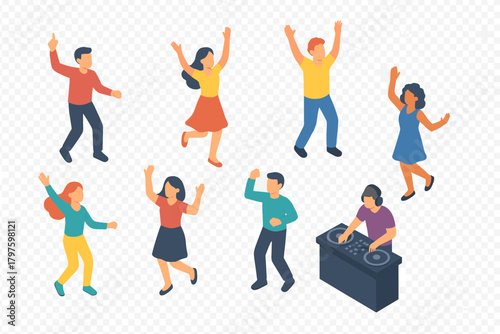 Diverse friends dancing at a lively party celebration with a DJ mixing music