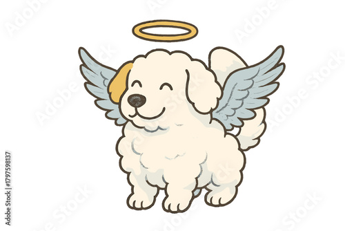 Adorable fluffy white puppy dog with angel wings and golden halo smiling happily