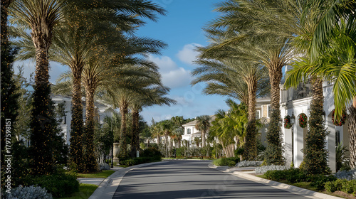 Festive palm trees with white and gold lights in a luxury Florida neighborhood