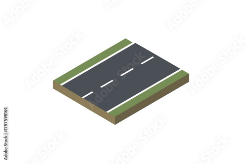 Isometric highway road section with dashed white lane markings and green roadside shoulders
