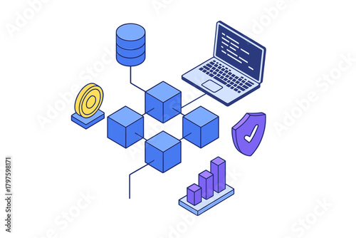Isometric decentralized network connecting blockchain data storage, security, and financial analysis elements