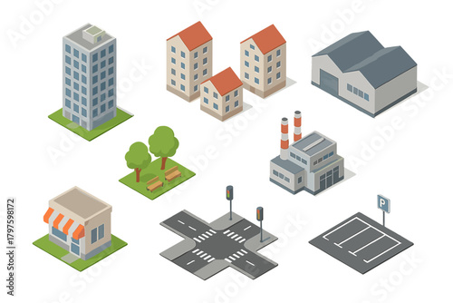 Isometric city elements set featuring buildings, infrastructure, and public spaces for urban design