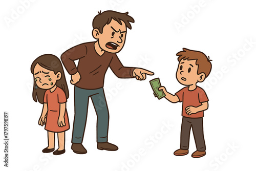 Angry parent scolding child holding money while sad sister stands crying nearby