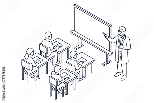 Educator giving a lecture to students sitting at individual desks in a modern classroom environment