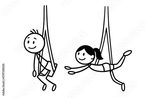 Black and white smiling stick figures performing aerial sports and fitness