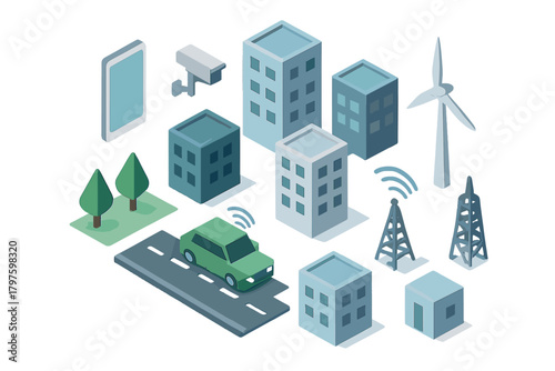 Isometric smart city components including connected vehicle, modern buildings, and renewable energy systems