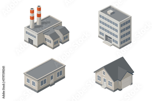 Isometric buildings collection featuring industrial factory, modern, and residential house