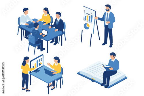 Isometric collection of business professionals collaborating in a meeting, analyzing data, giving a presentation, and reading for knowledge