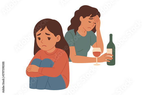 Child sitting alone, upset by mother's alcohol addiction and resulting family conflict