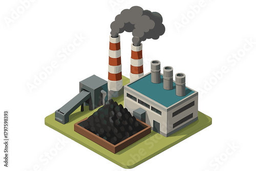 Isometric industrial factory building with coal pile and smokestacks emitting pollution