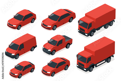 Set of red isometric transportation vehicles including cars, vans, pickup trucks, and delivery lorries