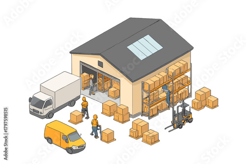 Warehouse workers managing inventory and logistics operations with delivery trucks and storage racks