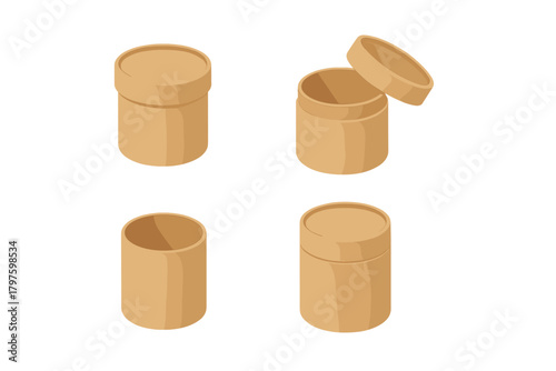 Isometric set of four cylindrical kraft paper tube containers with lids