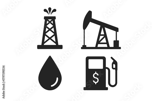 Black silhouettes symbolizing the oil and gas industry: drilling rig, pump jack, fuel drop, and gas dispenser