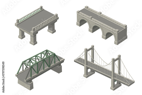 Four architectural bridge types: arch, truss, beam, and suspension designs in isometric view