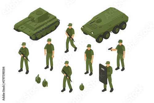 Isometric set of military personnel, armored vehicles, and hand grenades for war and defense concepts
