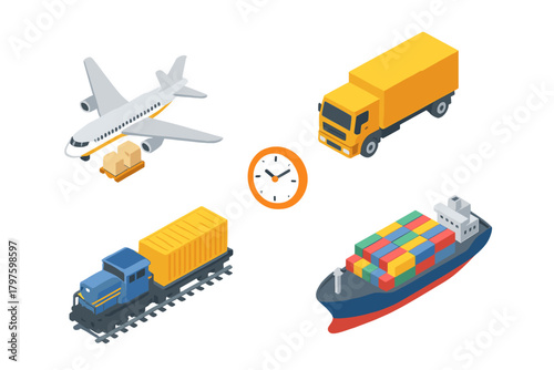 Set of isometric icons representing global logistics, shipping, and freight transportation methods with a clock